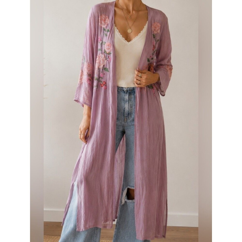 En Crème Embroidered Floral Kimono Cardigan Duster Mauve Pink Roses Boho Size S